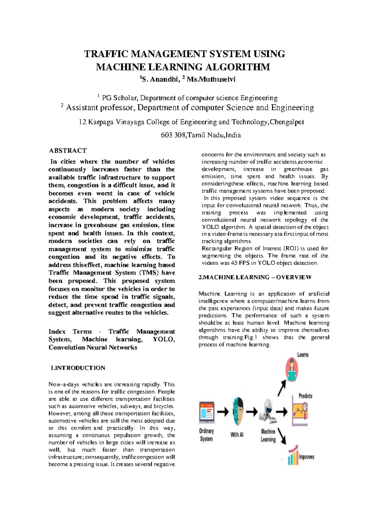 Traffic Management System Using ML Algorithms: A Study (CSE 1S) - Studocu