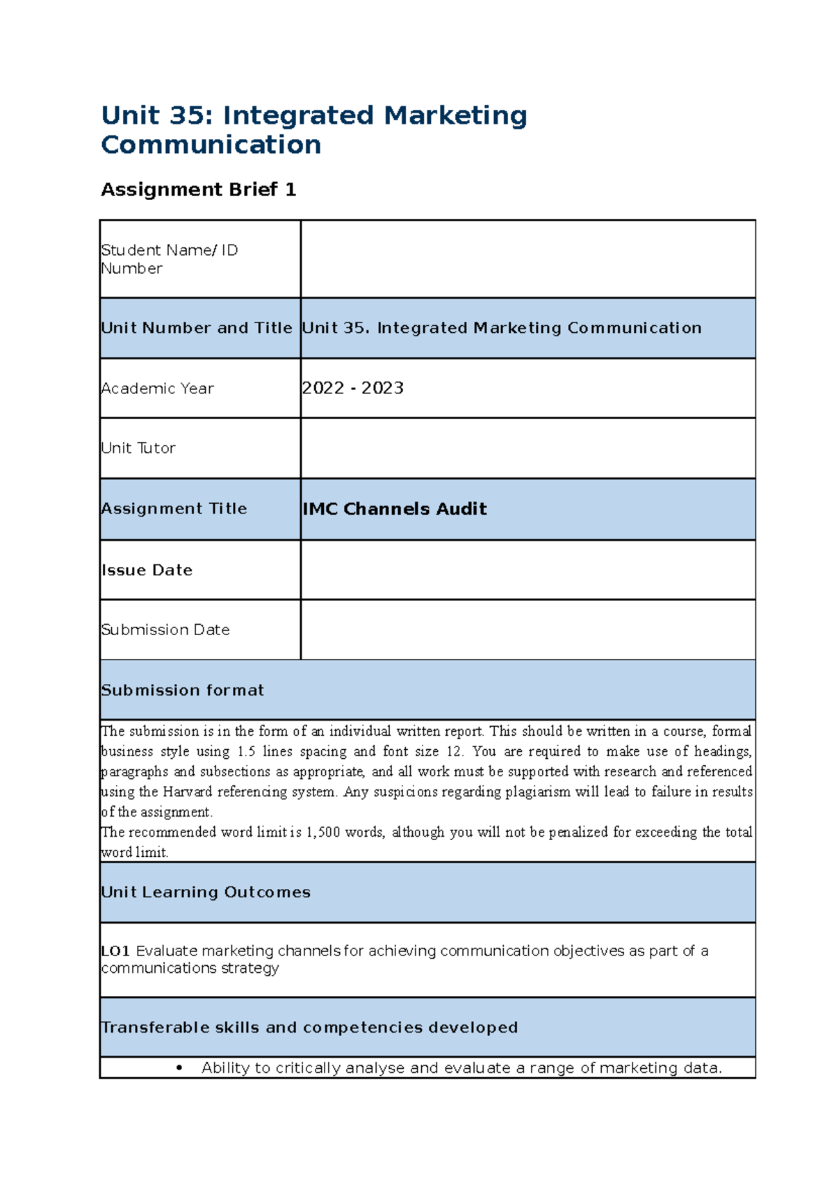Unit 35 - IMC Channels Audit Assignment Brief 1 (2022-23) - Studocu