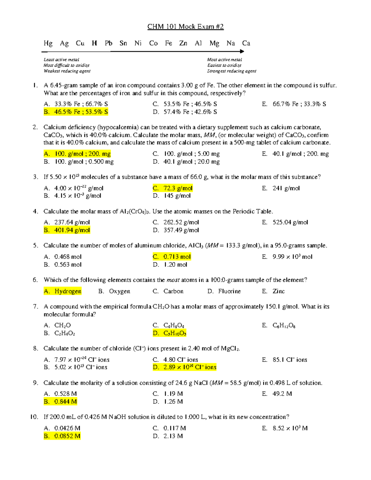 CHM 101 Mock Exam #2 - Comprehensive Practice Questions on Metals and ...