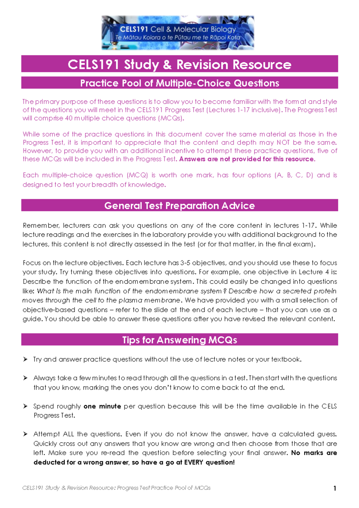 CELS191 Progress Test MCQ Practice Resource: Study Revision Guide - Studocu