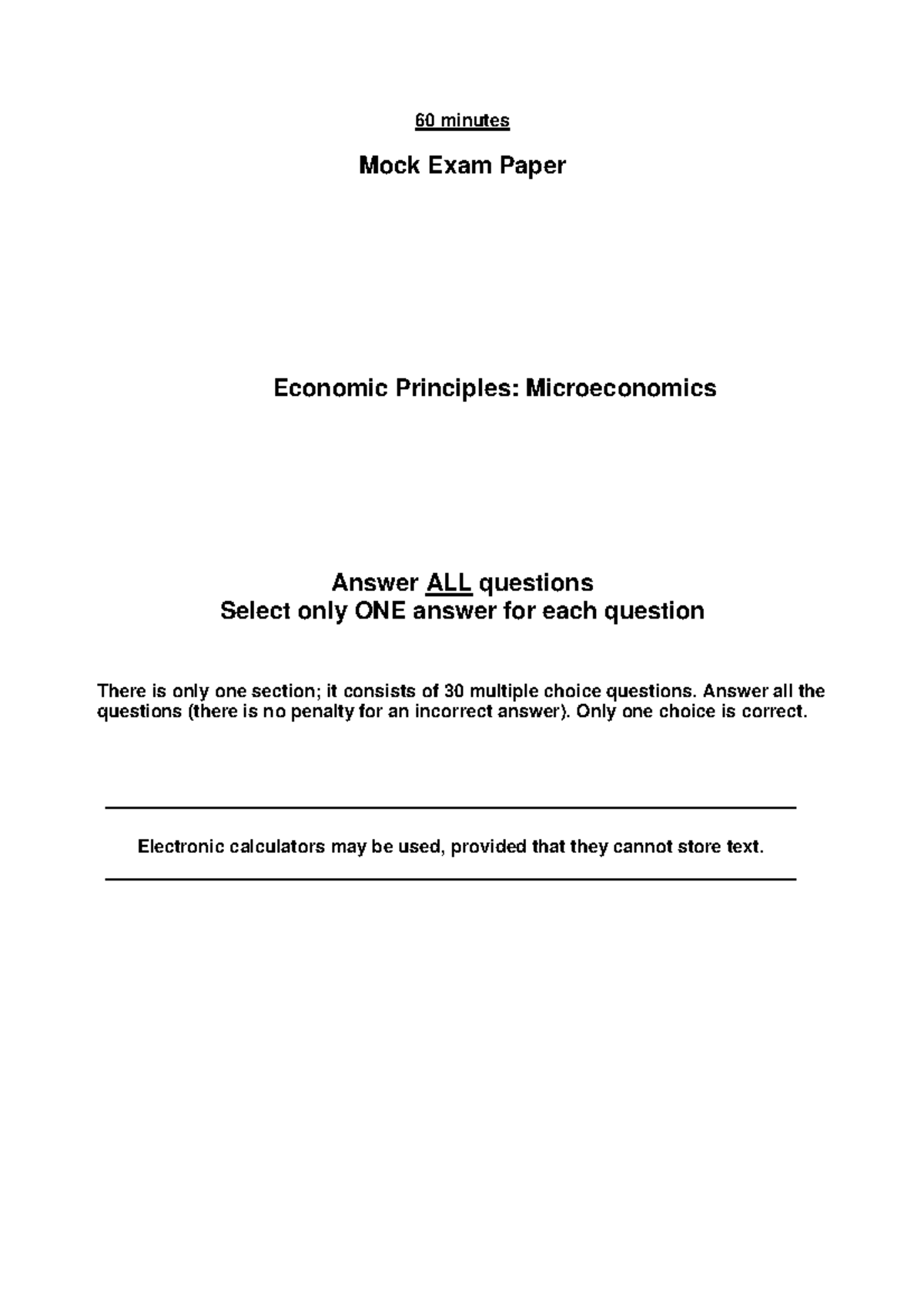 Microeconomics Mock Exam Paper: 30 MCQs for Analysis and Review - Studocu