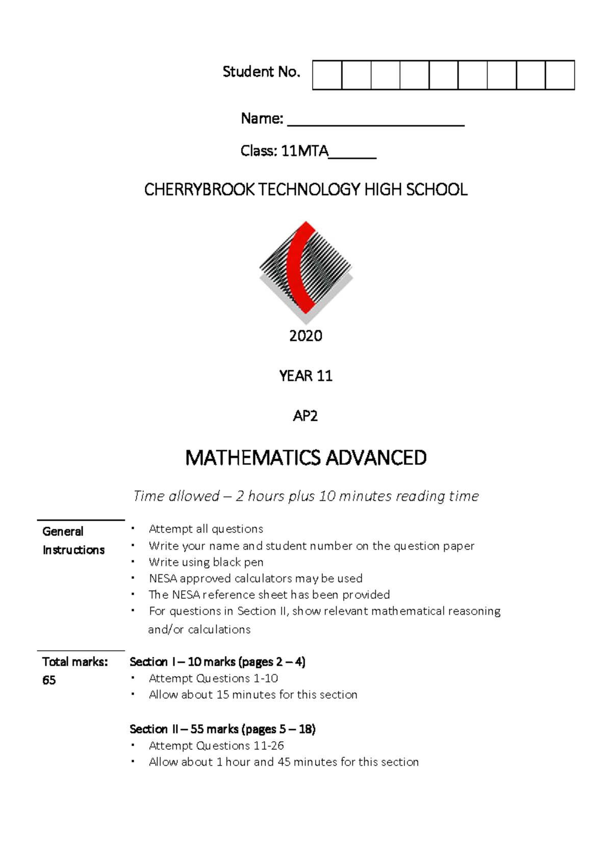 CTHS 2020 Year 11 Mathematics Advanced AP2 Exam Paper - Studocu