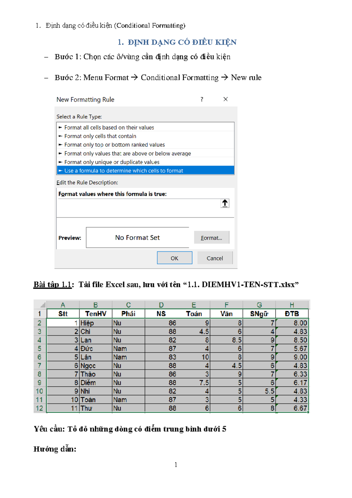 Bài Tập 1 - Excel: Conditional Formatting và Data Validation - Studocu