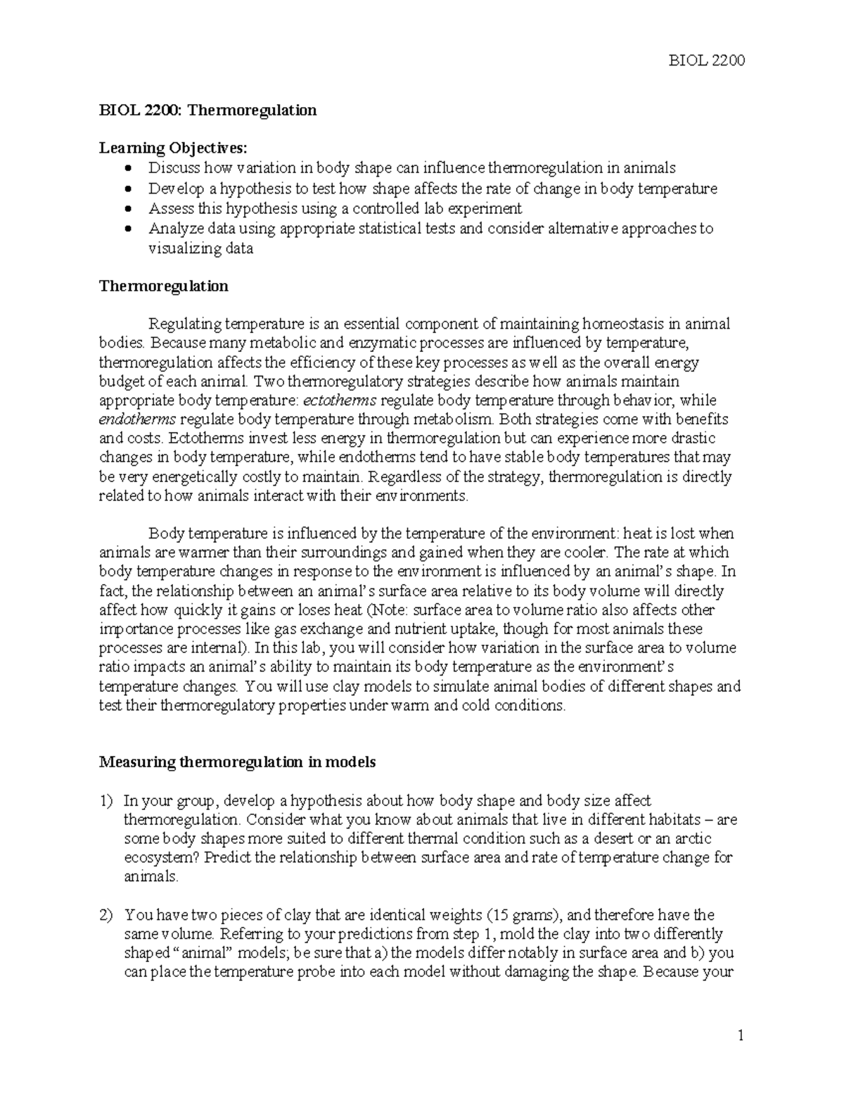 BIOL 2200 Lab 11: Exploring Thermoregulation Through Body Shape - Studocu