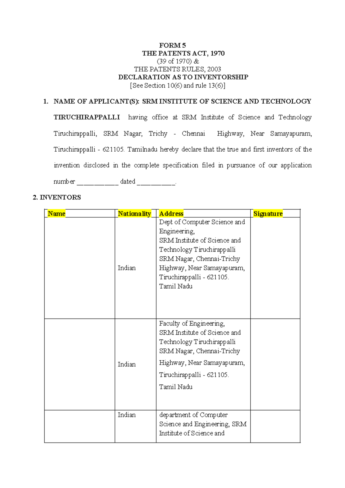 Form 5 - Declaration of Inventorship under Patents Act, 1970 - Studocu