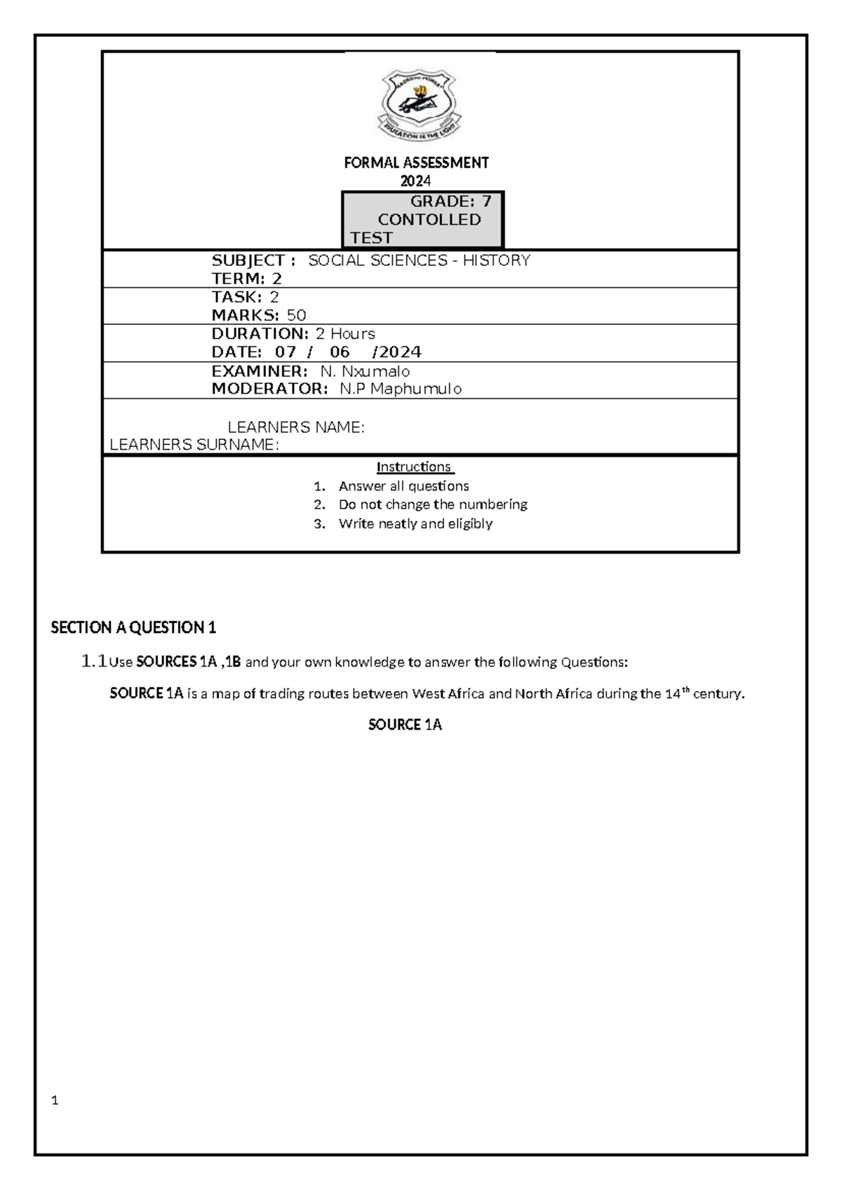 Grade 7 Term 2 Social Sciences History Controlled Test 2024 - Studocu