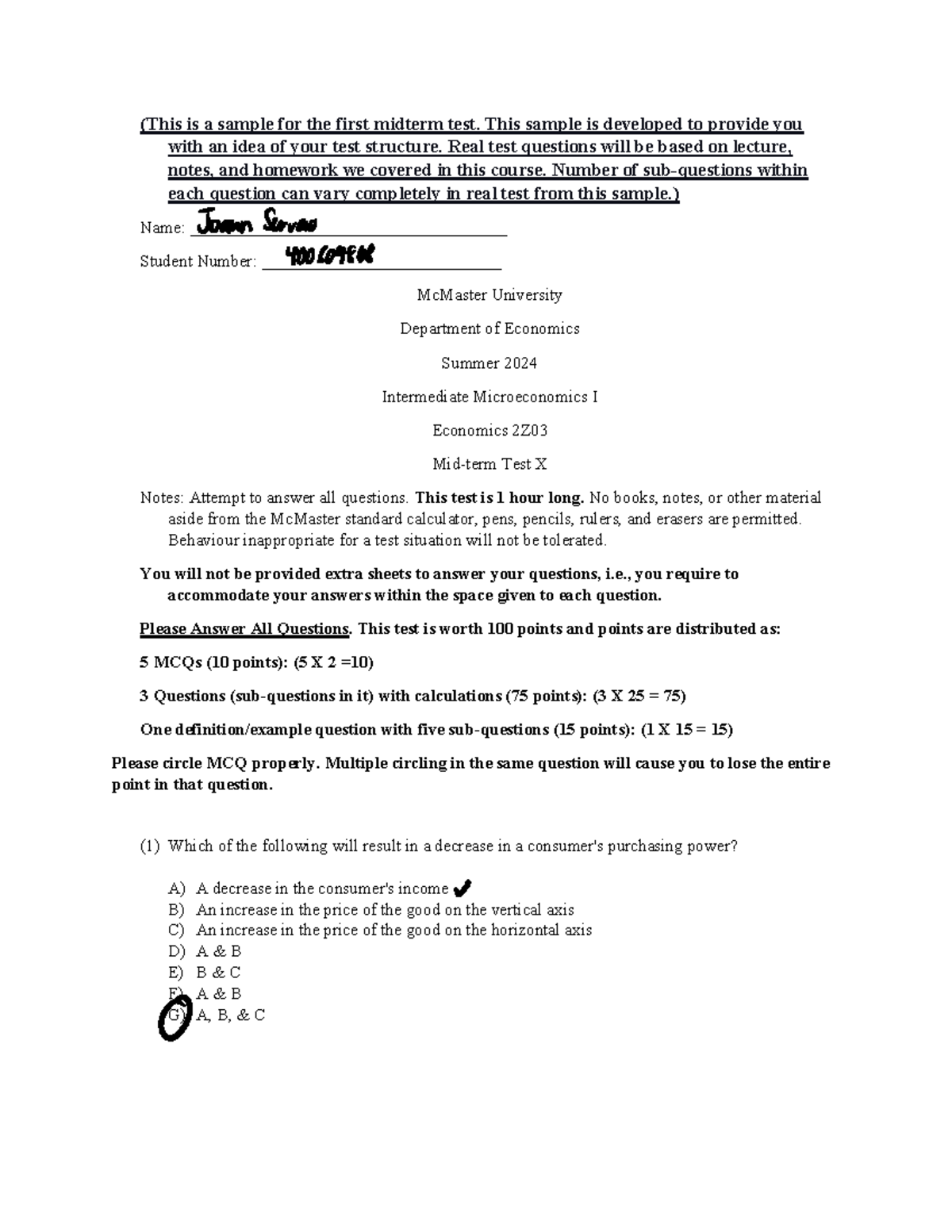 Economics 2Z Sample Midterm Test 1 - Intermediate Microeconomics I ...