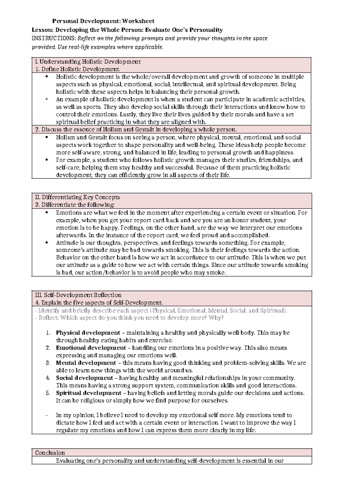 holistic development worksheet - Personal Development: Worksheet Lesson ...