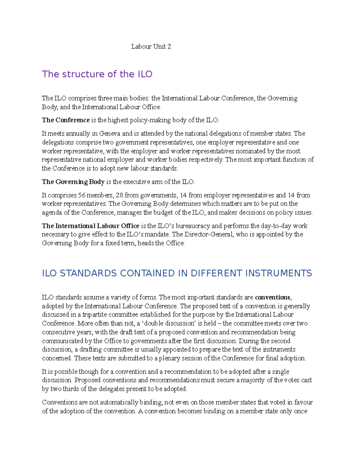Labour Unit 2: Structure and Standards of the International Labour ...