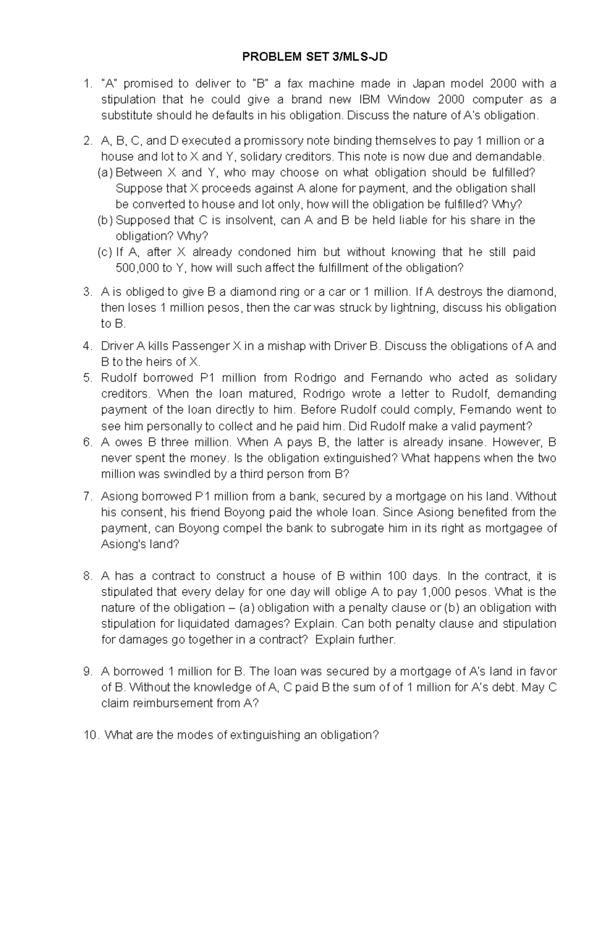 Problem Set 3 - Cases on Obligations and Contracts - Studocu