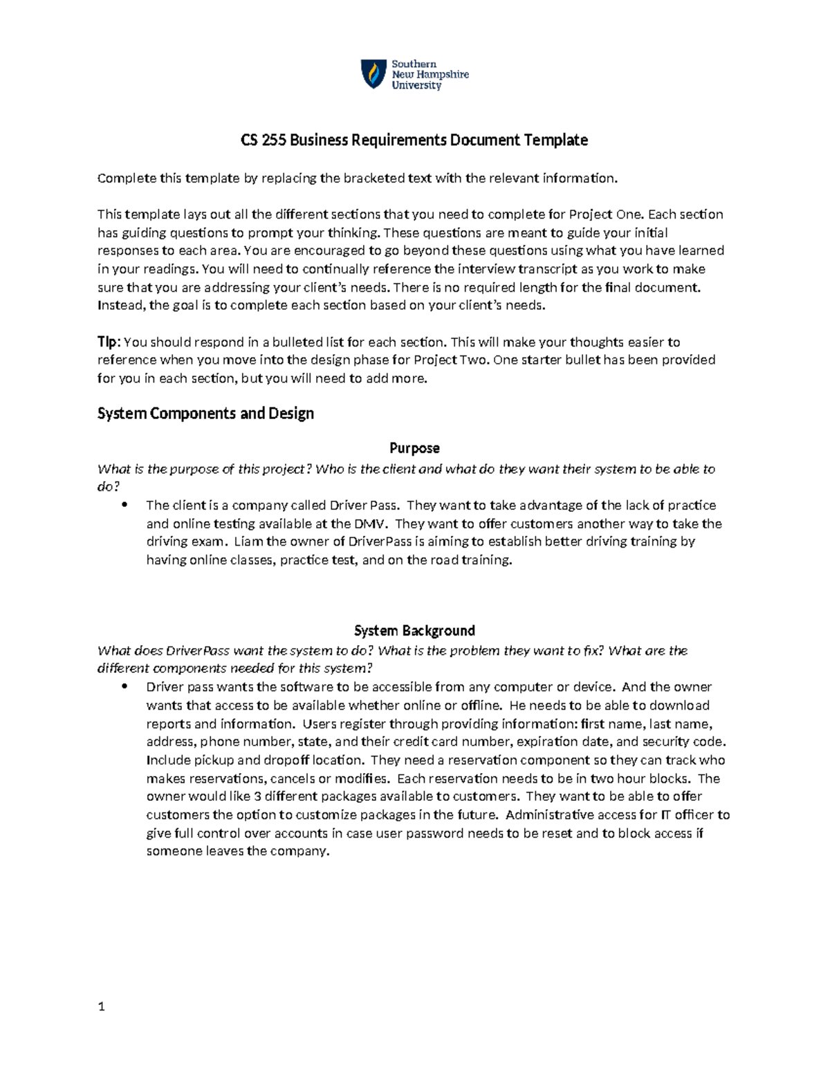 Stack CS 255 Business Requirements Document - This template lays out ...