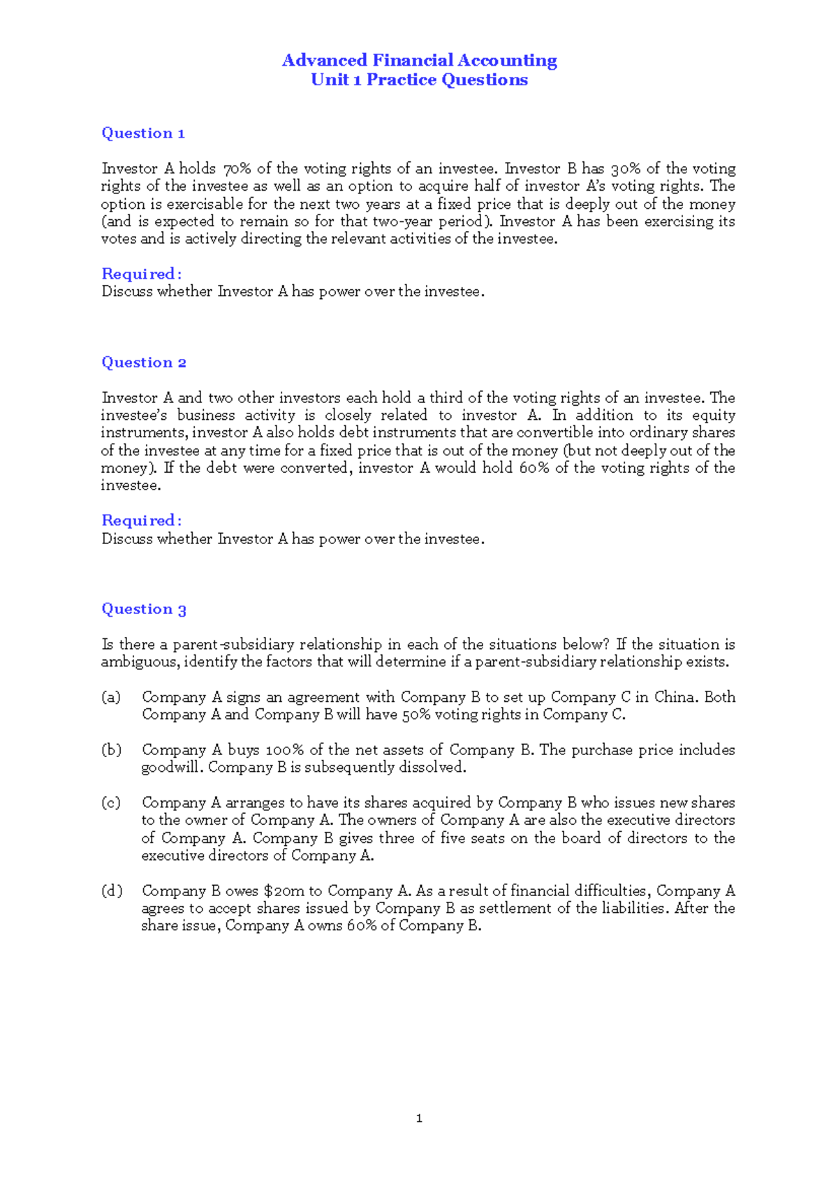 Advanced Financial Accounting Unit 1 Exam Practice Questions - Studocu