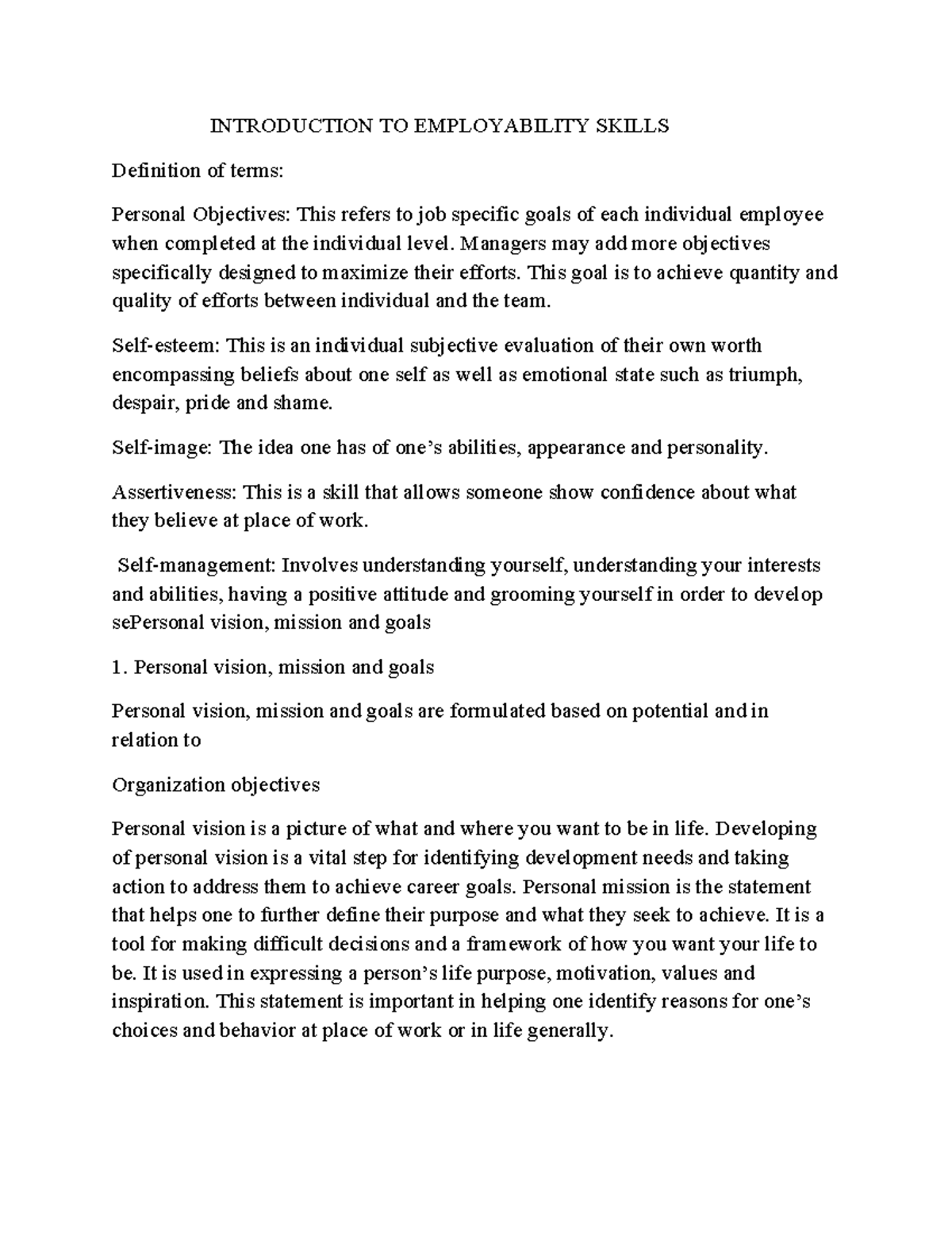 Employability Skills: Personal Objectives & Vision Overview - Studocu