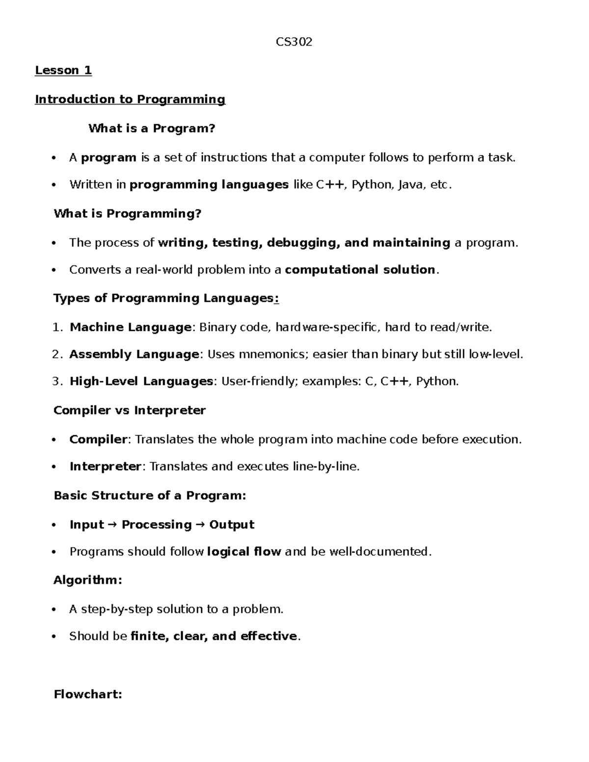CS302 Lesson 1: Intro to Programming & Language Fundamentals - Studocu