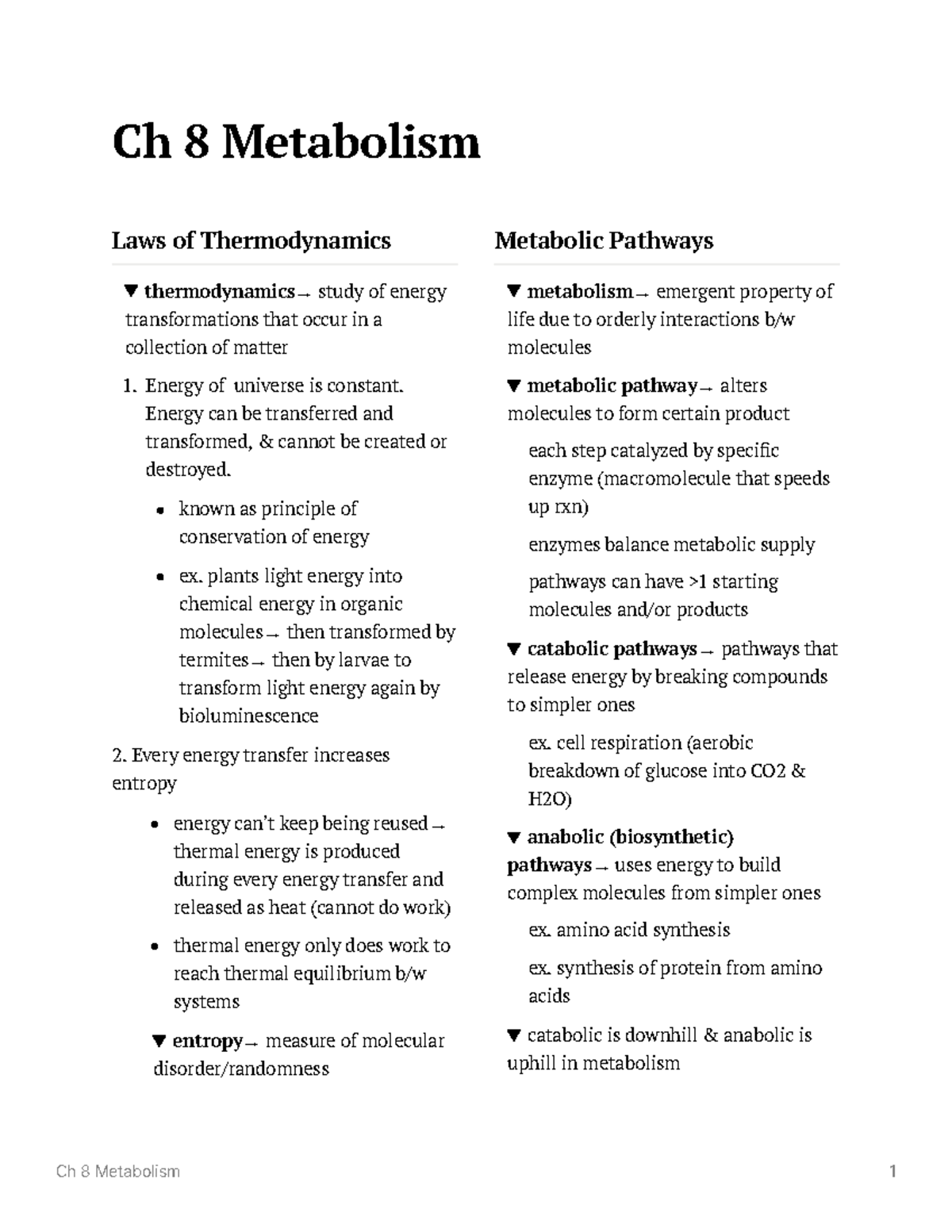 Ch 8 Metabolism - Key Concepts and Summaries of Chapter Notes - Studocu