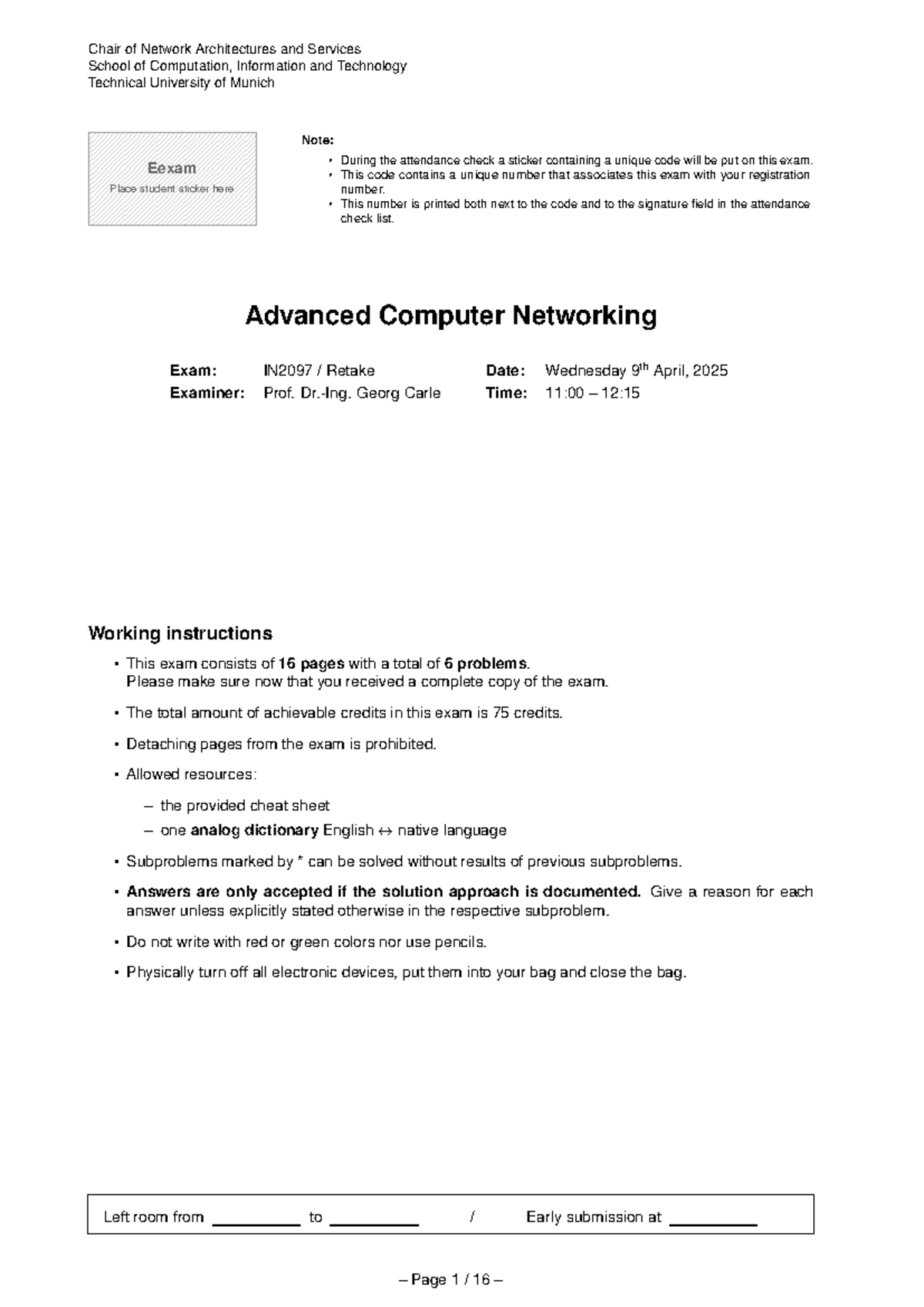 Advanced Computer Networking Exam IN2097 Retake - ws2425 - Studocu