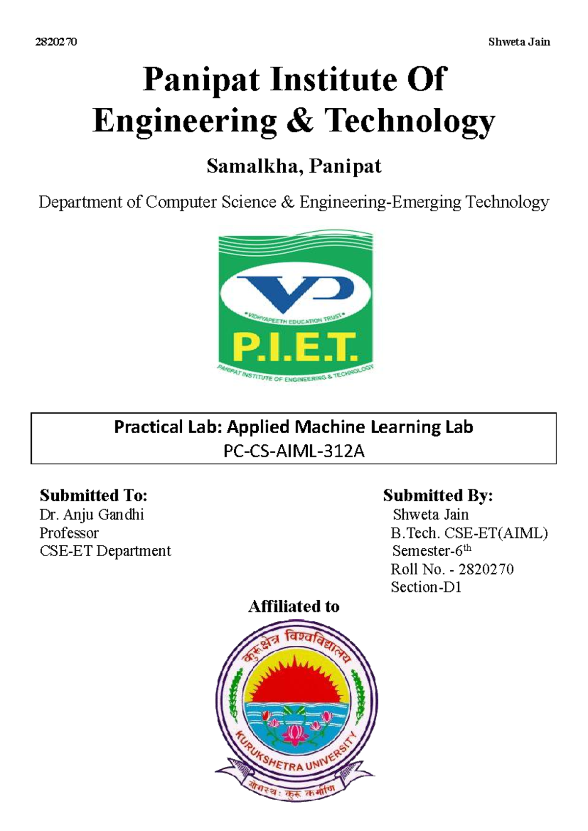 2820270 Applied Machine Learning Lab Practical Programs - Studocu