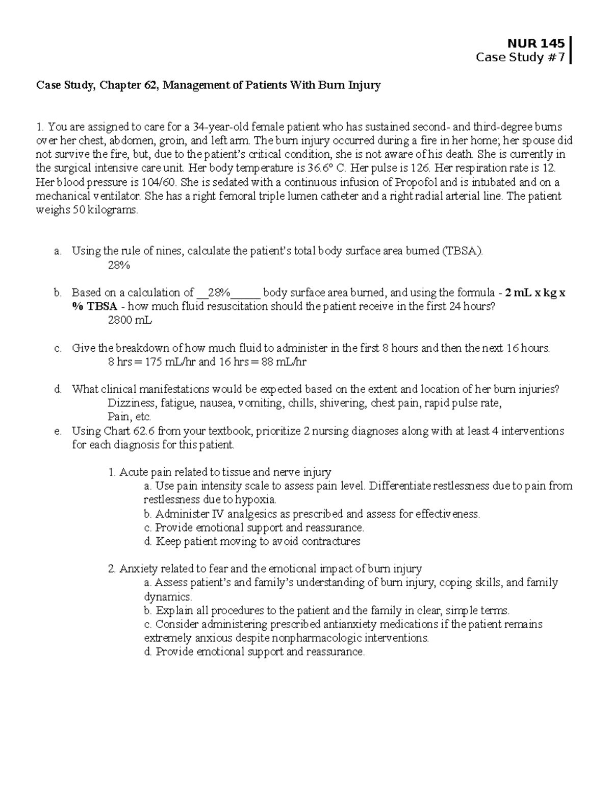 NUR 145 Case Study #7: Management of Burn Injuries in Critical Care ...