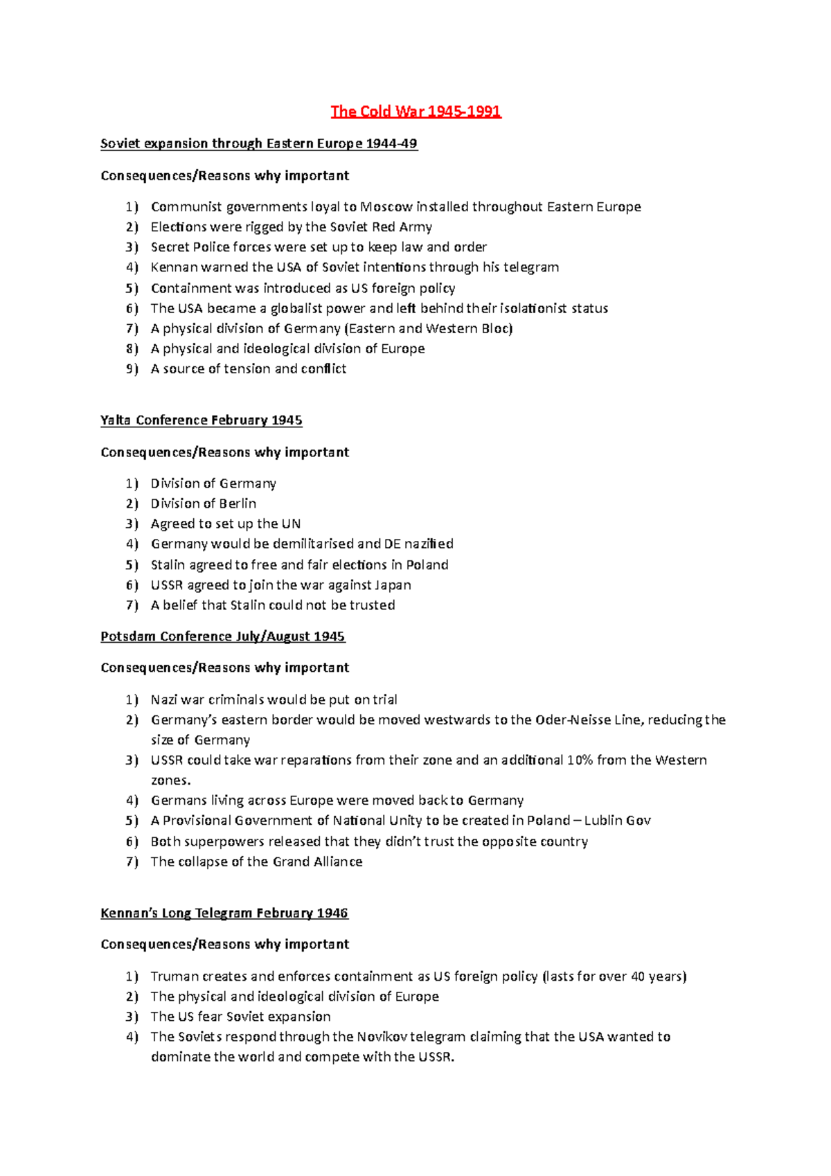 The Cold War 1945-1991: Key Events and Impacts - AQA A Level Notes ...