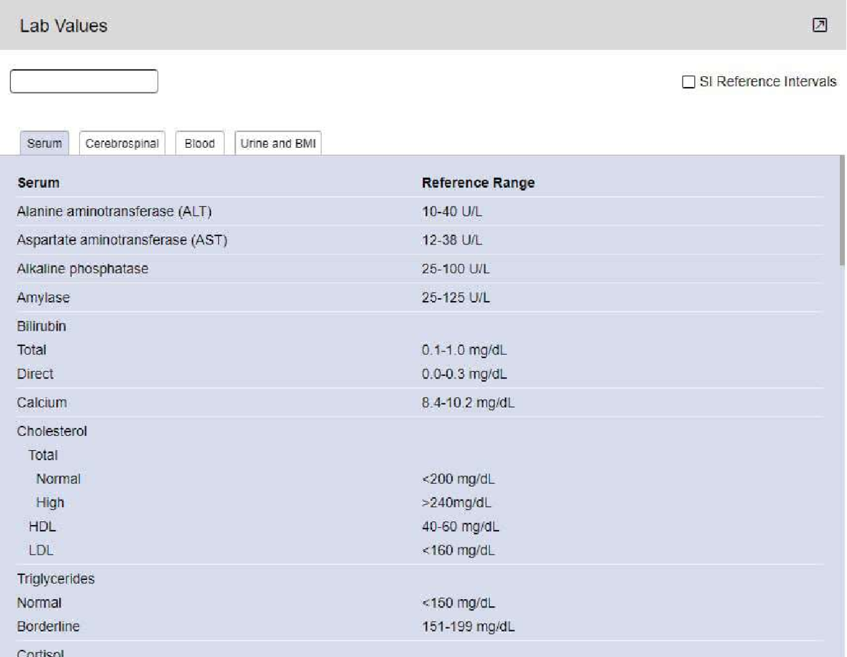 UW lab values - Lab Values x SI Reference Intervals Serum Cerebrospinal ...