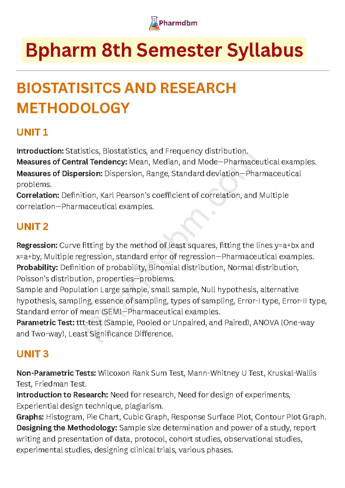Bpharm 8th Sem Syllabus: Biostatistics, Research Methodology & More ...