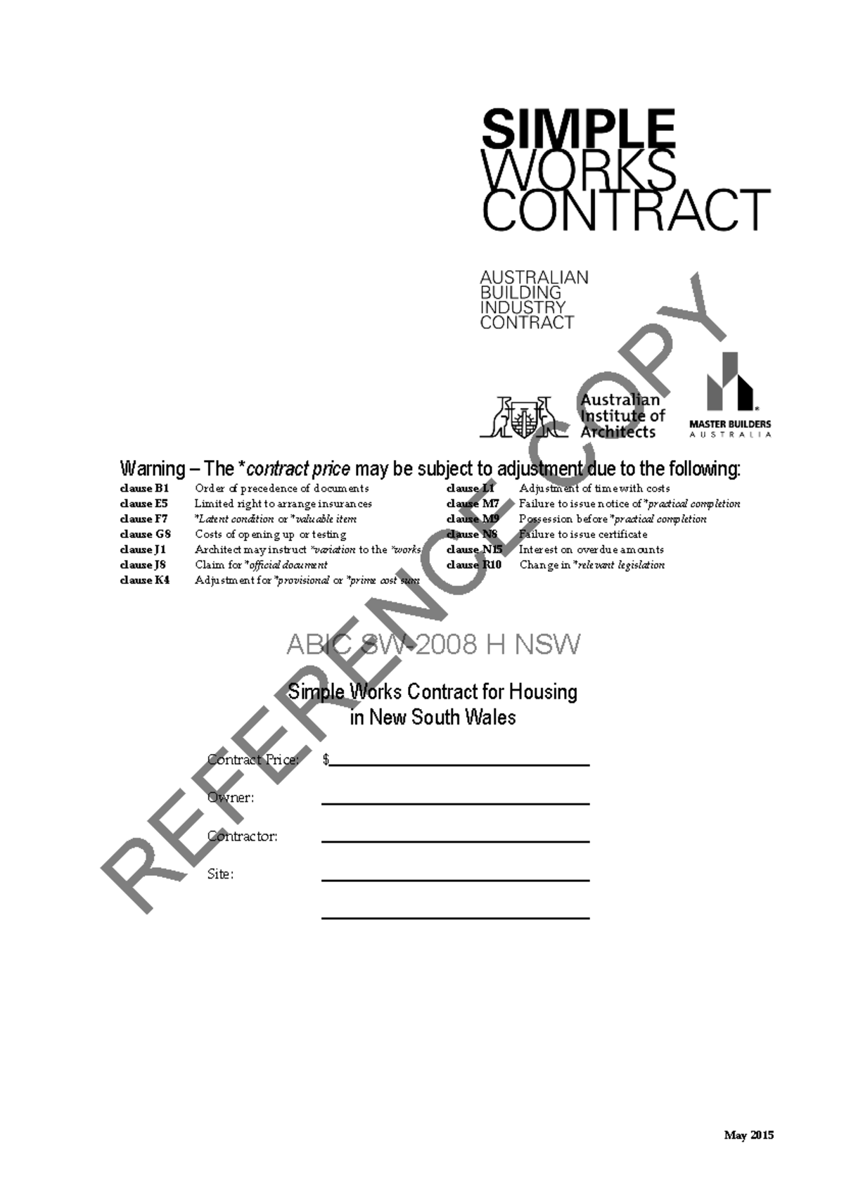 ABIC SW-2008 H NSW Simple Works Contract - Studocu