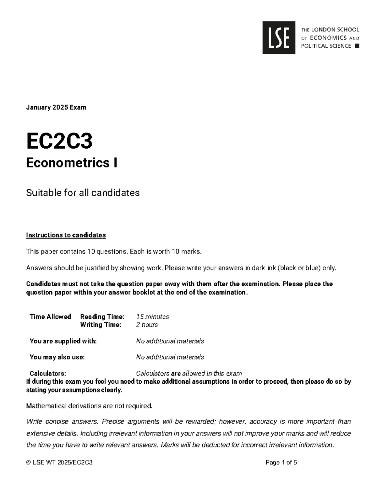 January 2025 Exam EC2C3: Econometrics I - Comprehensive Question Set ...