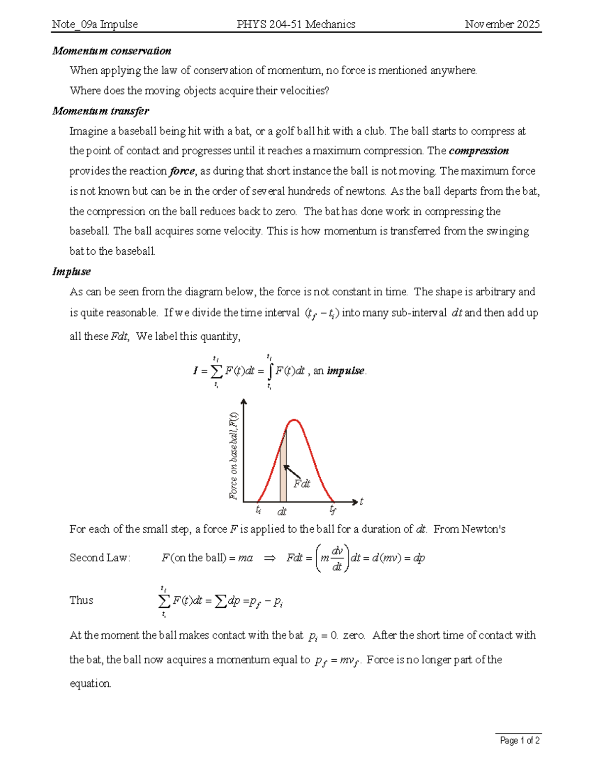 PHYS 204-51 Lecture Notes: Impulse and Momentum - Studocu