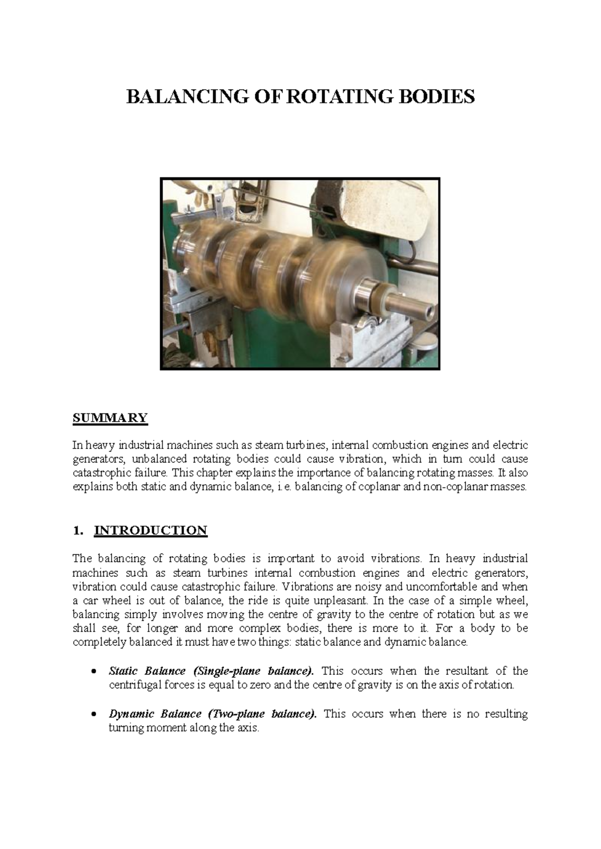 Balancing of Rotating Masses: Importance of Static and Dynamic ...