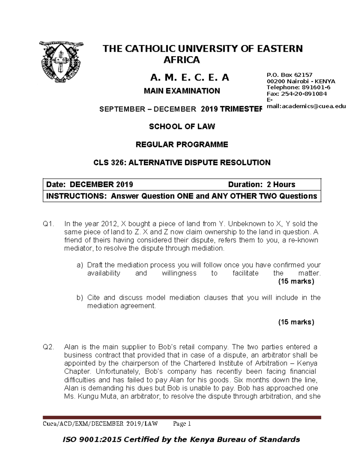 CLS 326: Alternative Dispute Resolution Main Exam December 2019 - Studocu