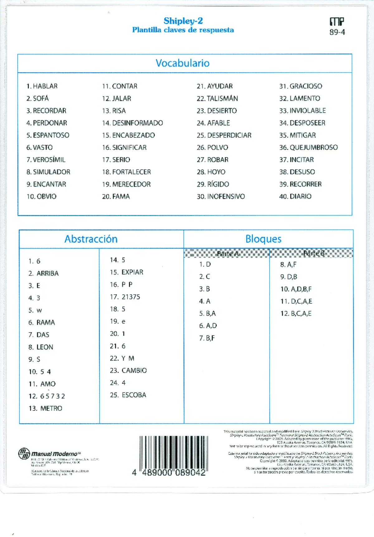 Plantilla Claves de Respuesta - Shipley-2 - Document Preview