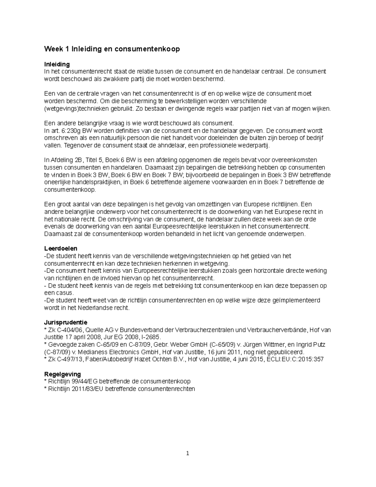 Week 1: Inleiding in Consumentenrecht en Consumentenkoop - Juridische ...