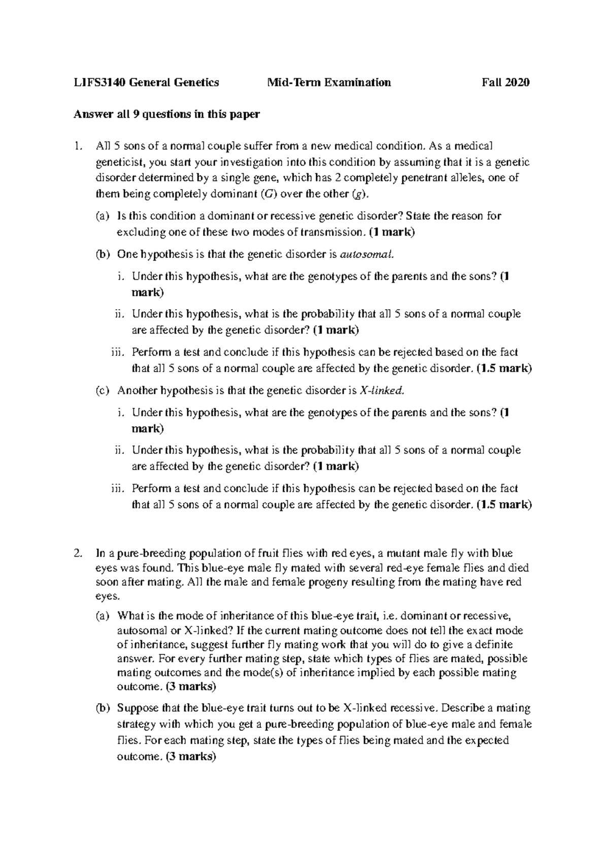 LIFS3140 Mid-Term Exam Paper - General Genetics Fall 2020 - Studocu
