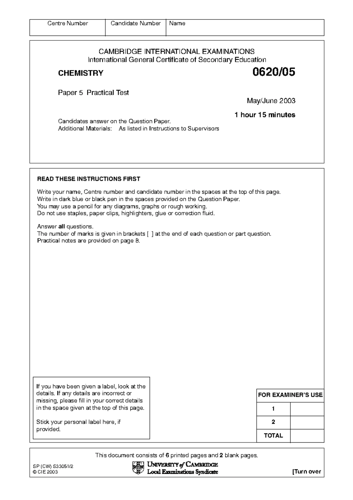Cambridge IGCSE Chemistry 0620/03 Paper 6 Alternative to Practical 2003 ...
