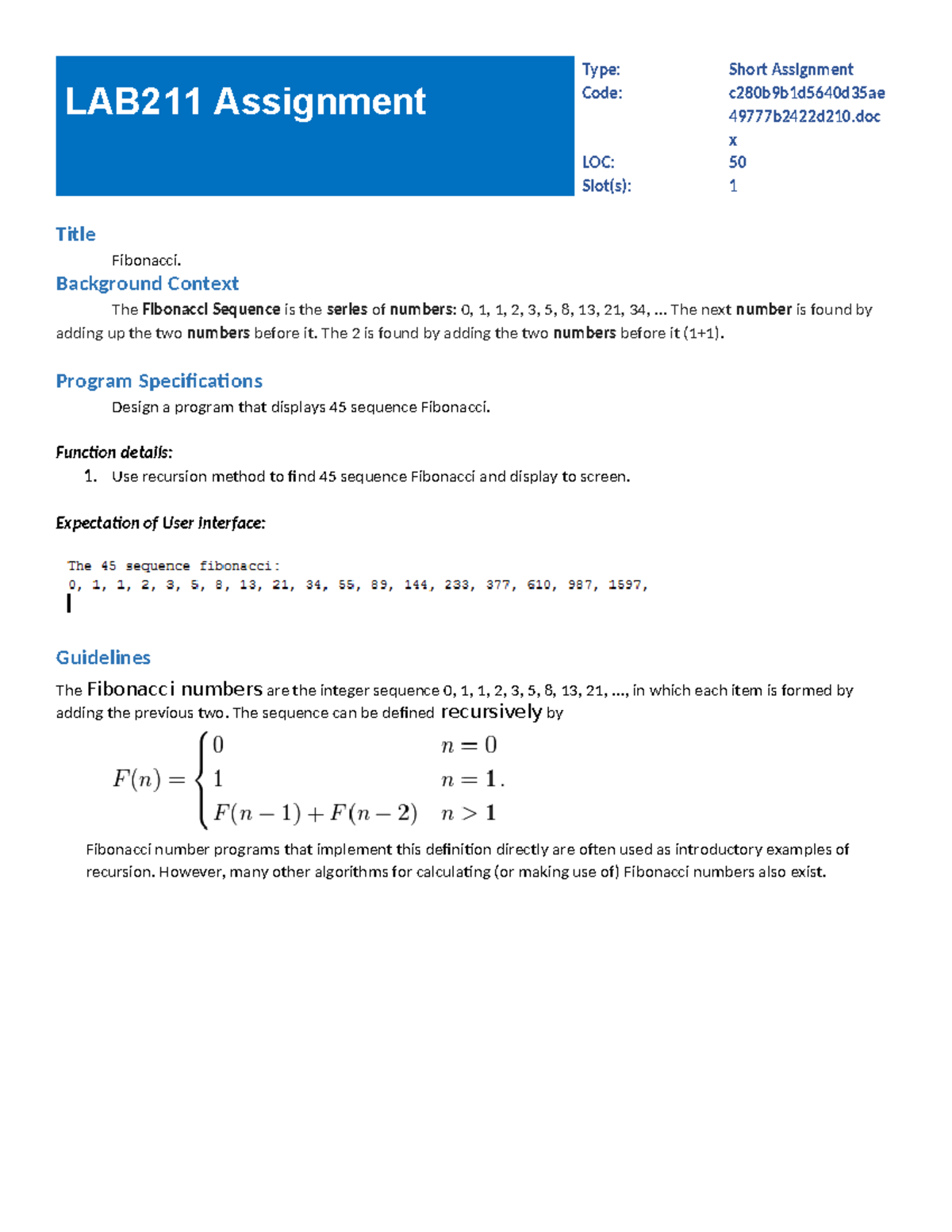 LAB211 Short Assignment: Fibonacci Sequence Program - Studocu