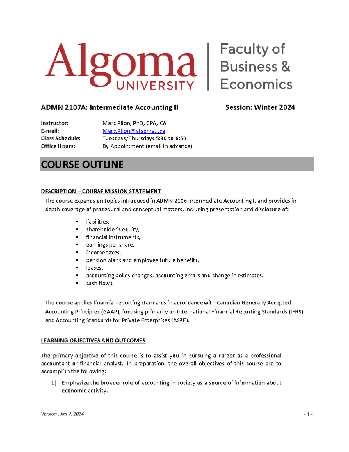 ADMN2107 Winter 2024 Course Outline for Intermediate Accounting II ...