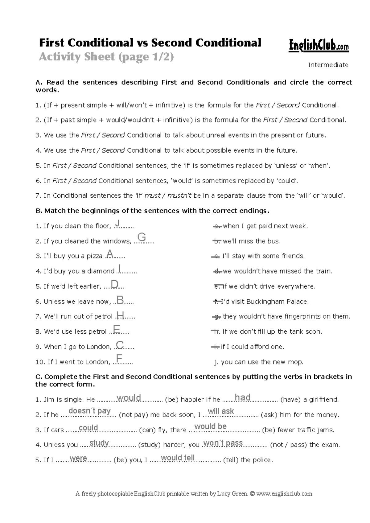 First and Second Conditional Activity Sheet - Studocu
