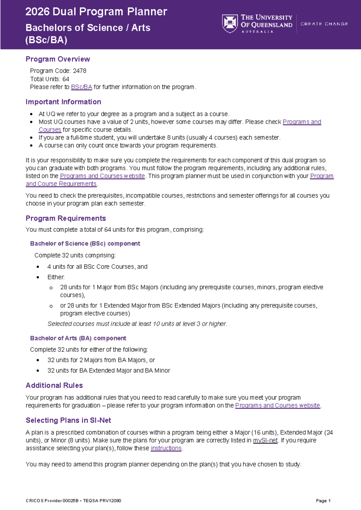 2026 Dual Program Planner: BSc & BA Overview (Code: 2478) - Studocu