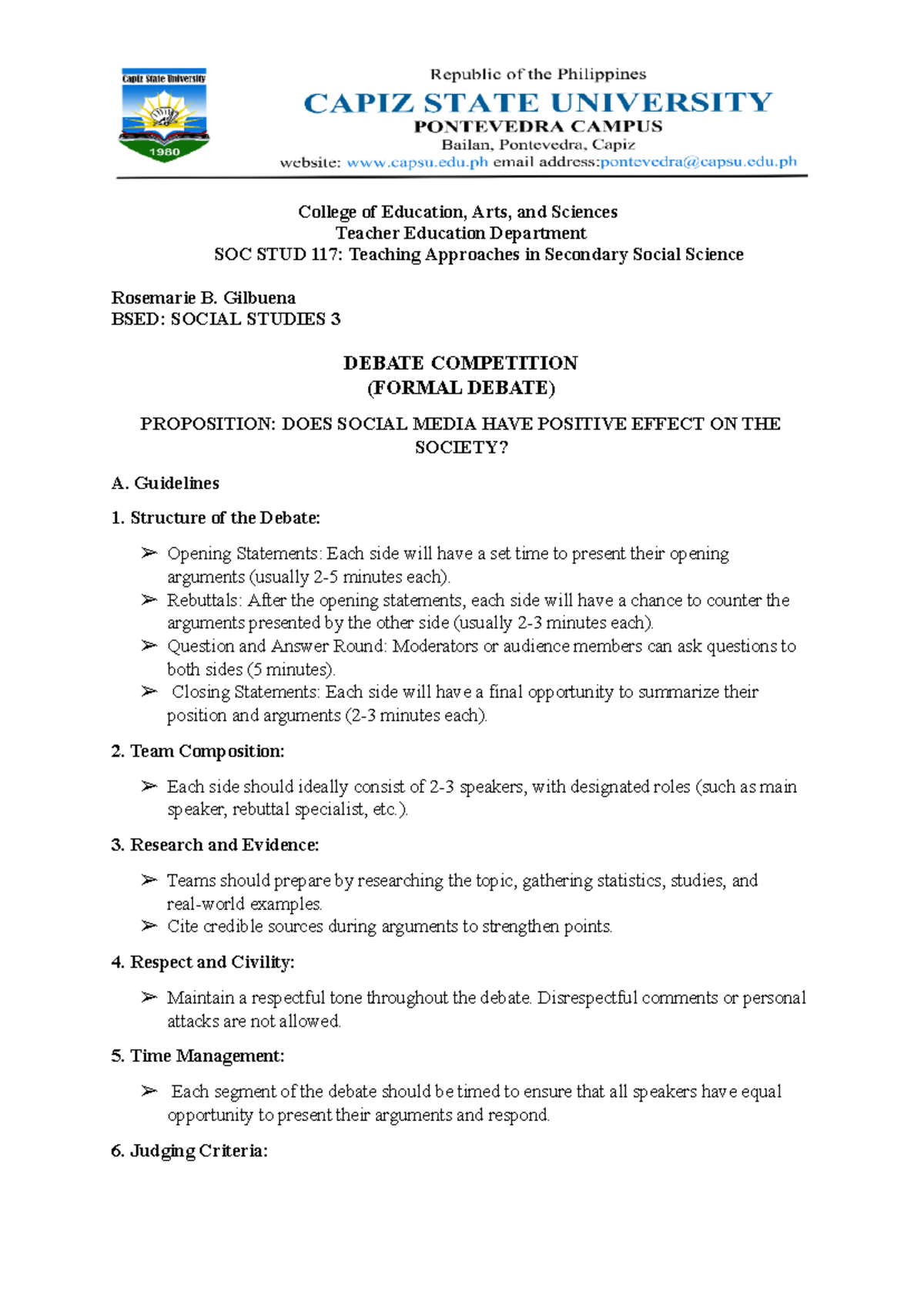 Debate Instruction - College of Education, Arts, and Sciences Teacher ...
