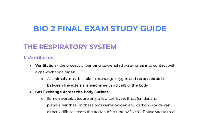 BIO 2 FINAL EXAM STUDY GUIDE: THE RESPIRATORY SYSTEM - Studocu