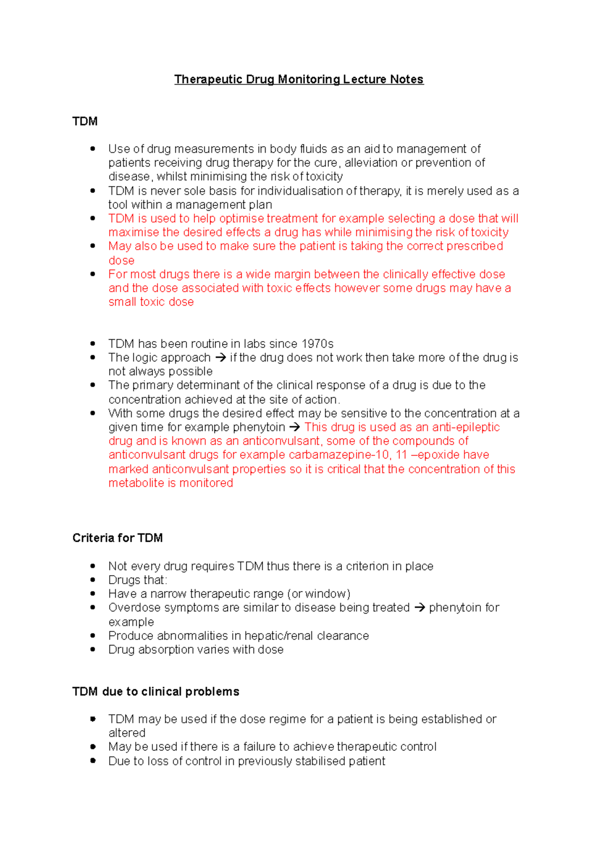 Therapeutic Drug Monitoring TDM Lecture Notes and Key Concepts - Studocu