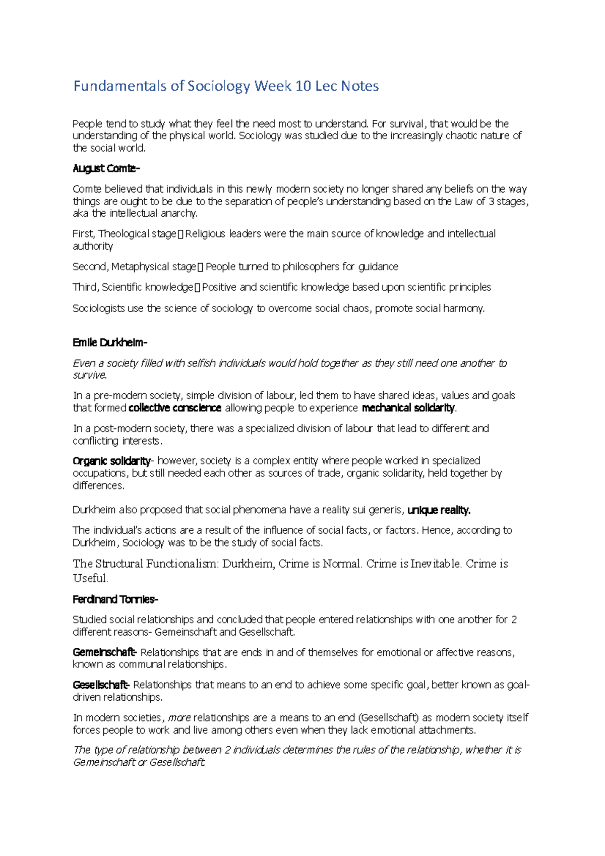 Fundamentals of Sociology Week 10 Lecture Notes Summary - Studocu
