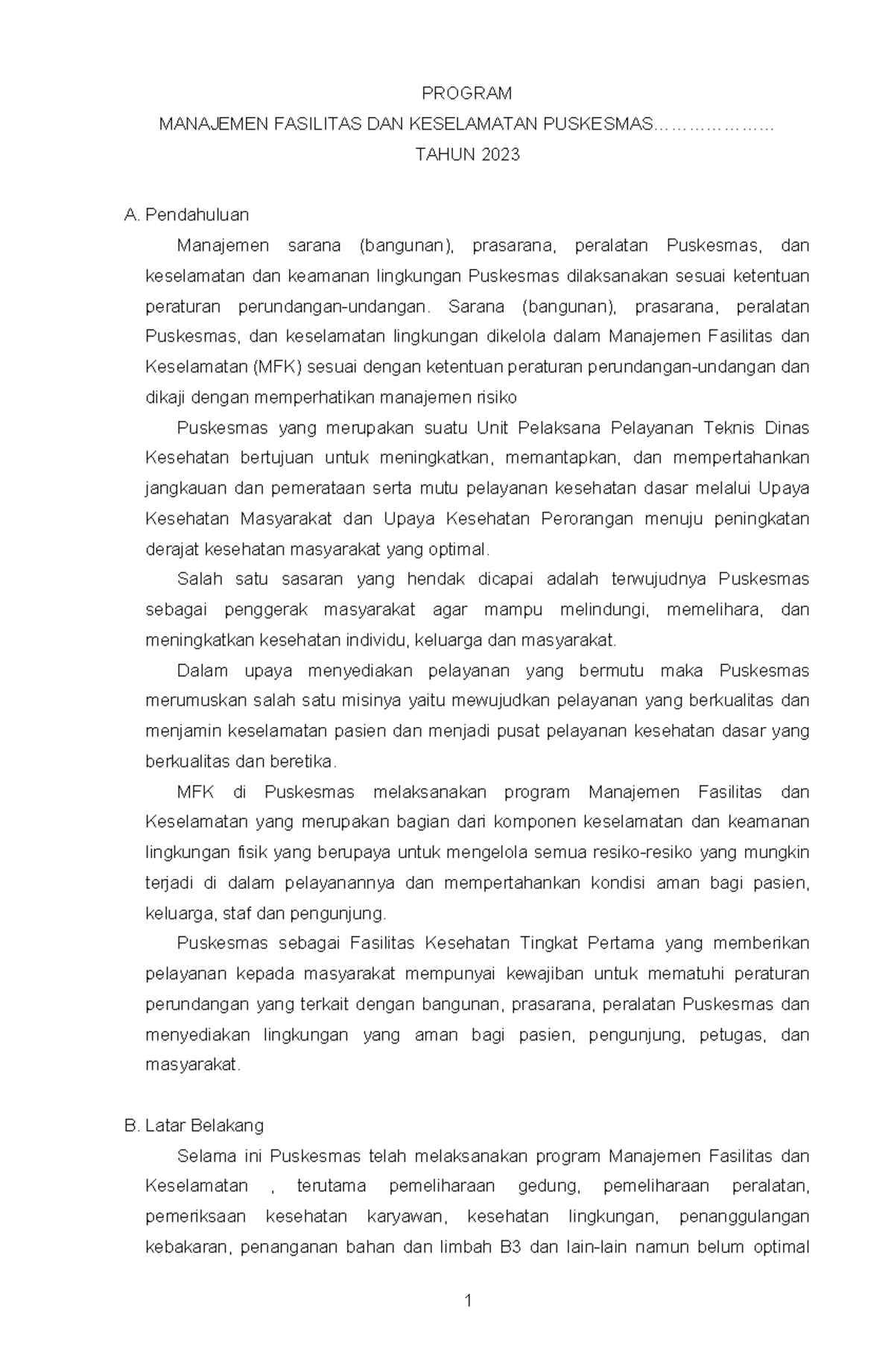 Program MFK: Manajemen Fasilitas dan Keselamatan Puskesmas 2023 - Studocu
