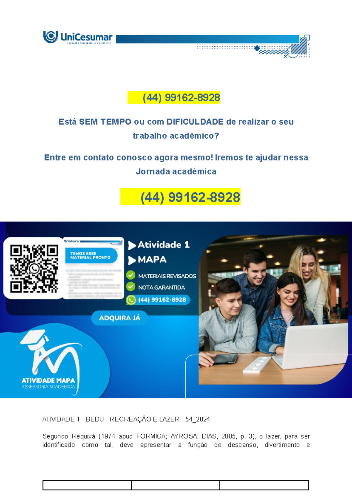 Atividade 1 - BEDU - Recreação E Lazer - 54 2024 - Mapa - Bedu ...