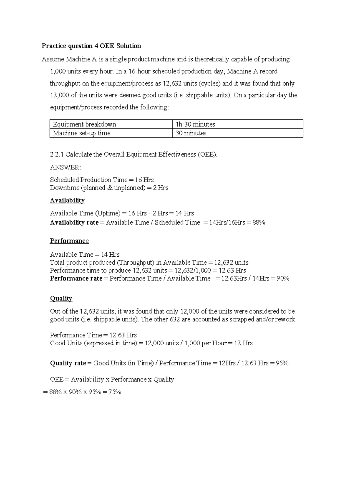 Practice Question 4: OEE Calculation and Solution Analysis - Studocu