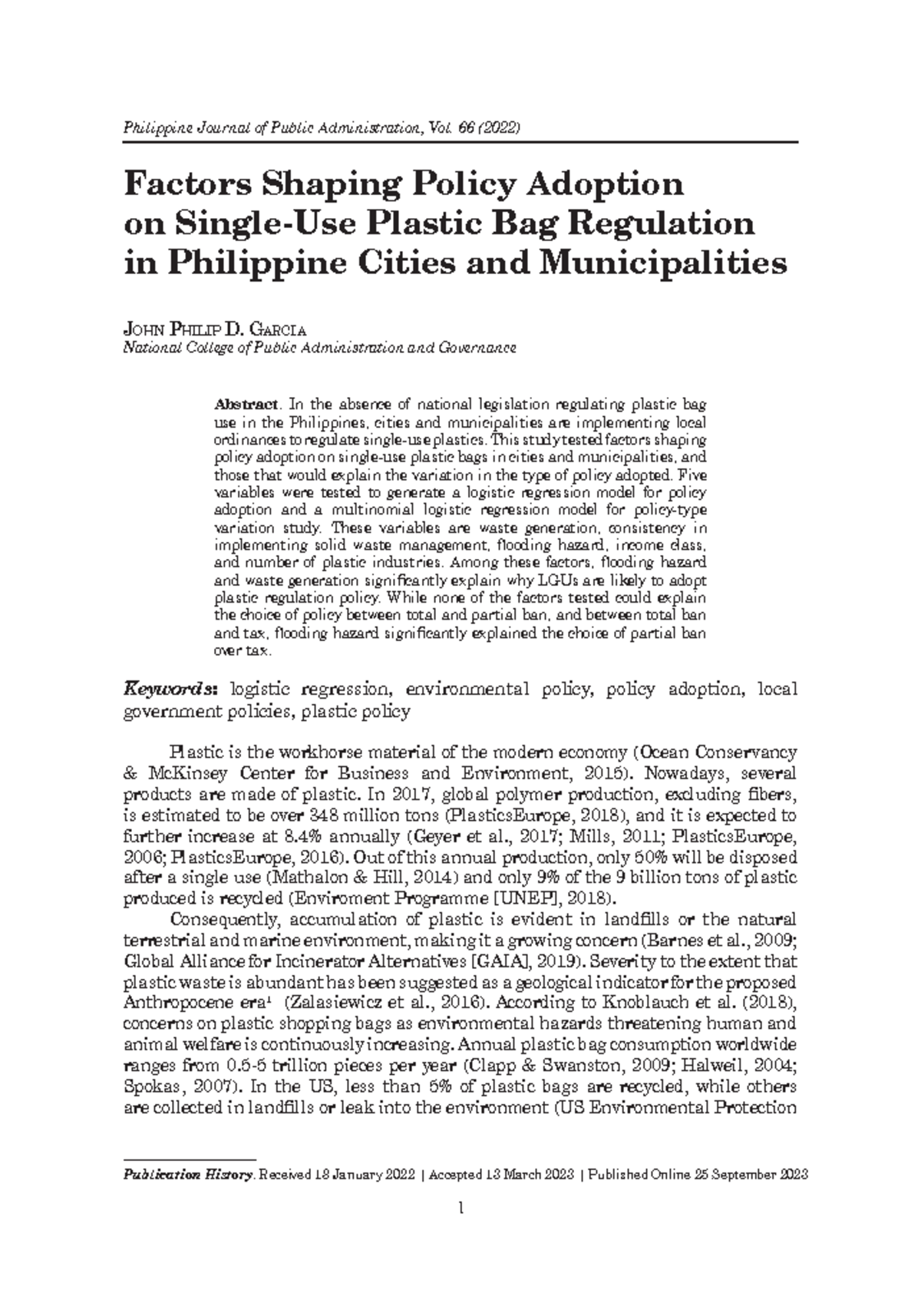 Factors Influencing LGU Policy on Single-Use Plastic Bags (9116-109 ...