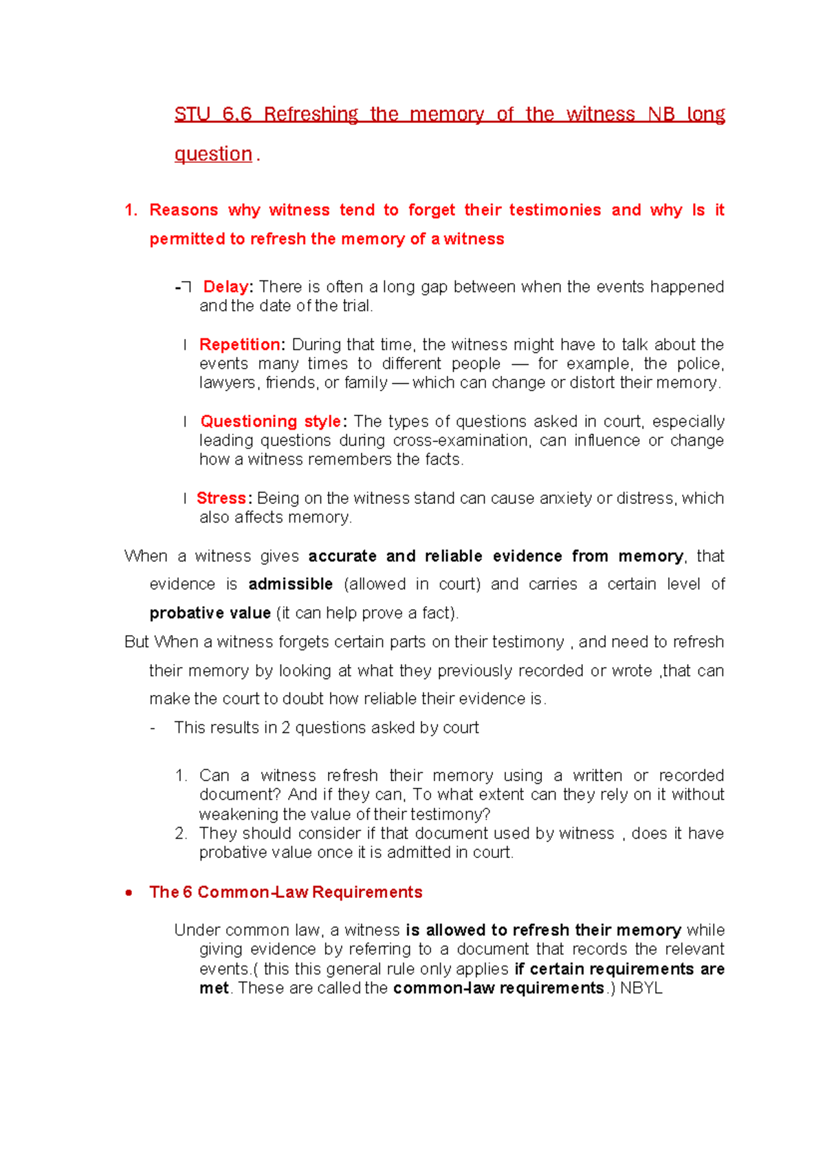 STU 6.6 Witness Memory Refreshing: Key Concepts & Requirements - Studocu