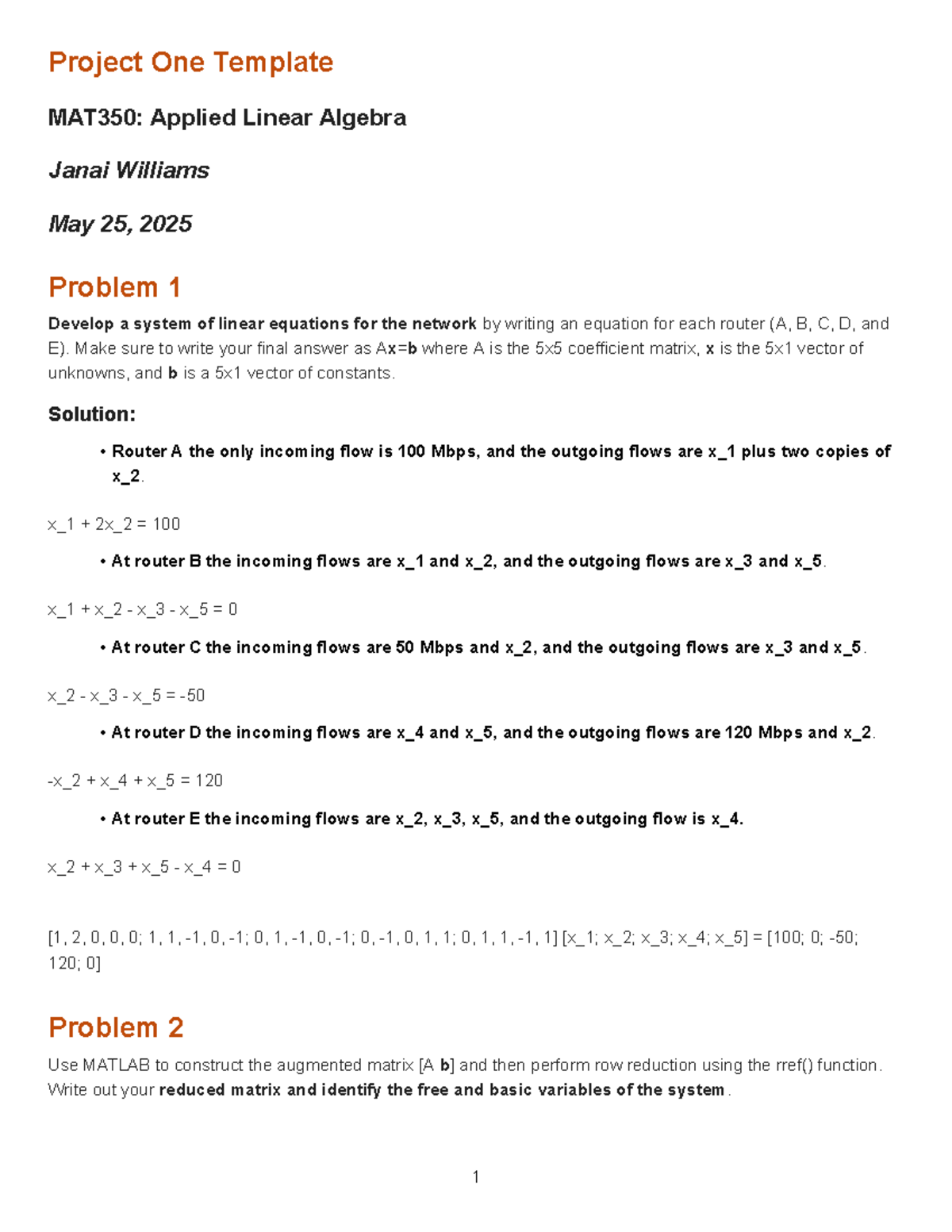 Project One Template MAT350: Linear Equations & MATLAB Solutions - Studocu