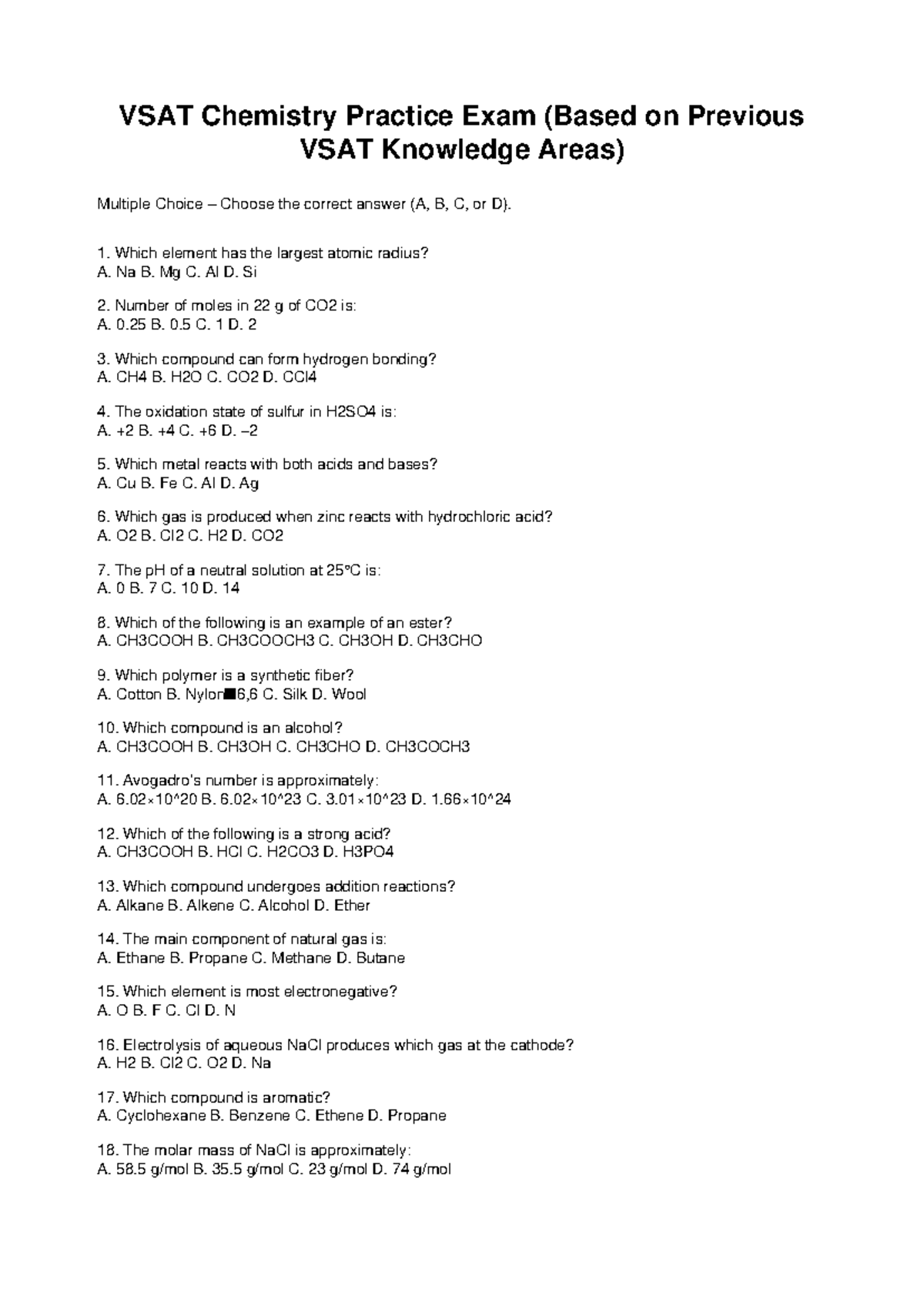 VSAT Chemistry Practice Exam: Multiple Choice Questions - Studocu