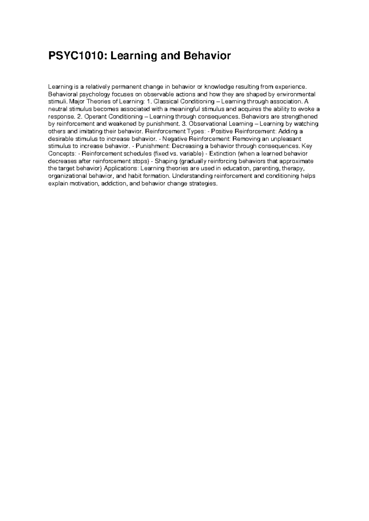 PSYC1010: Key Theories and Concepts in Learning and Behavior - Studocu